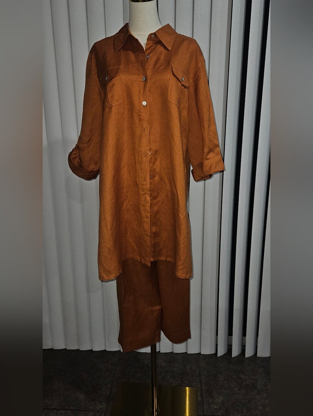 Ruby Rd. Women's Two-Piece Rust Orange Button-Up Shirt and Skirt Set